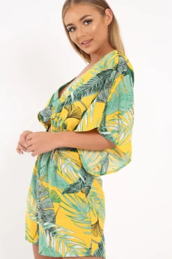 Rebellious Fashion Yellow Tropical Kimono Sleeve Playsuit - Suzy