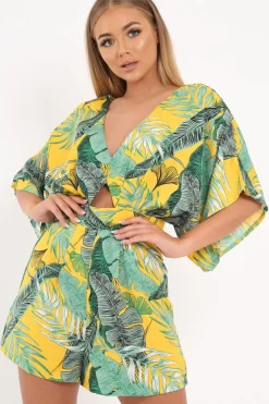 Rebellious Fashion Yellow Tropical Kimono Sleeve Playsuit - Suzy
