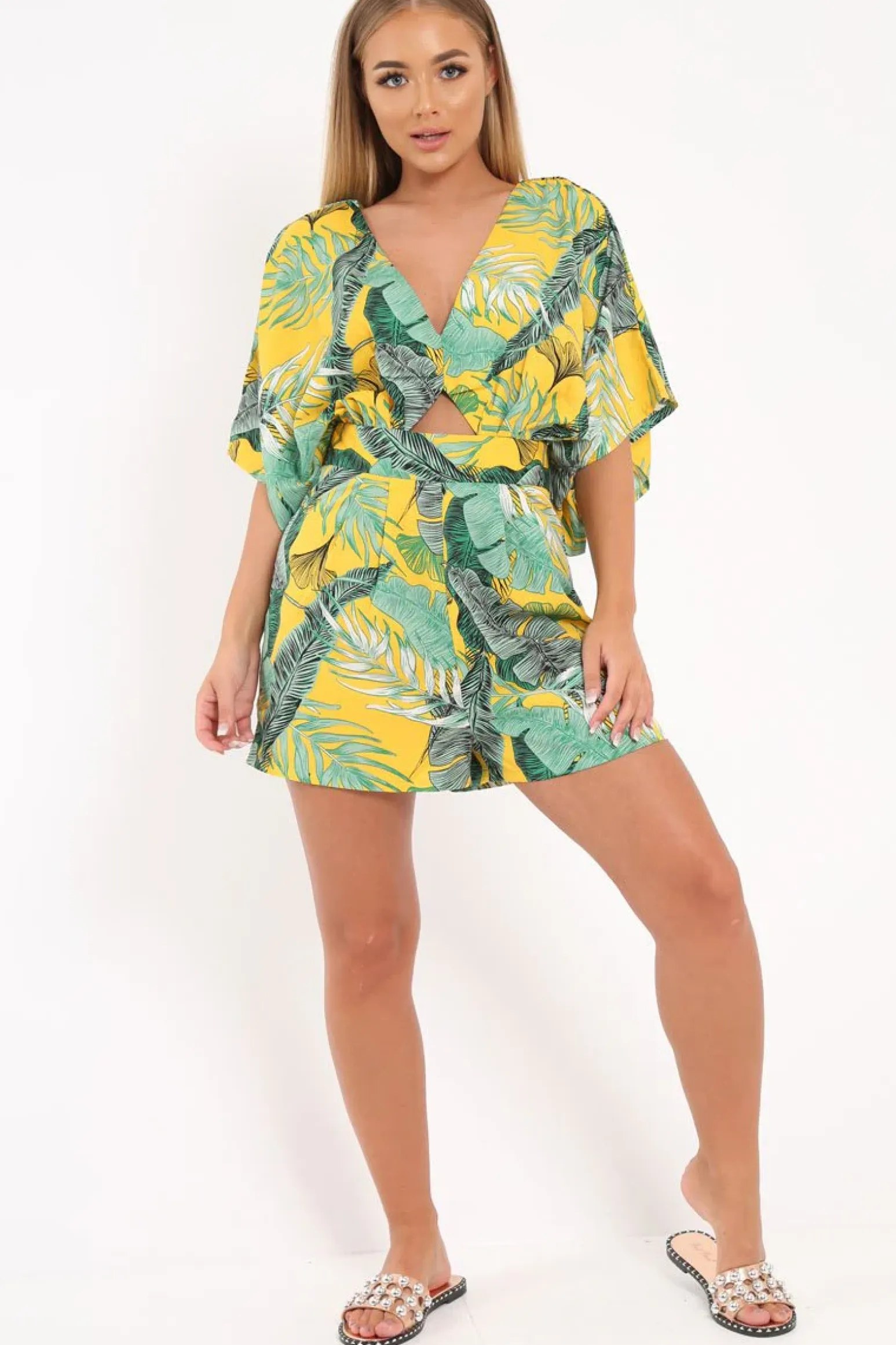 Rebellious Fashion Yellow Tropical Kimono Sleeve Playsuit - Suzy
