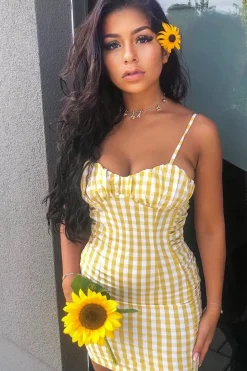 Rebellious Fashion Yellow White Check Sleeveless Shirred Cup Midi Dress - Suzi