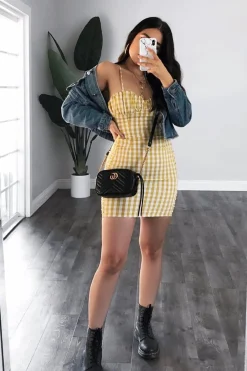 Rebellious Fashion Yellow White Check Sleeveless Shirred Cup Midi Dress - Suzi