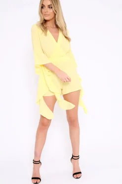 Rebellious Fashion Yellow Wrap Front Flare Sleeve Playsuit - Emoni