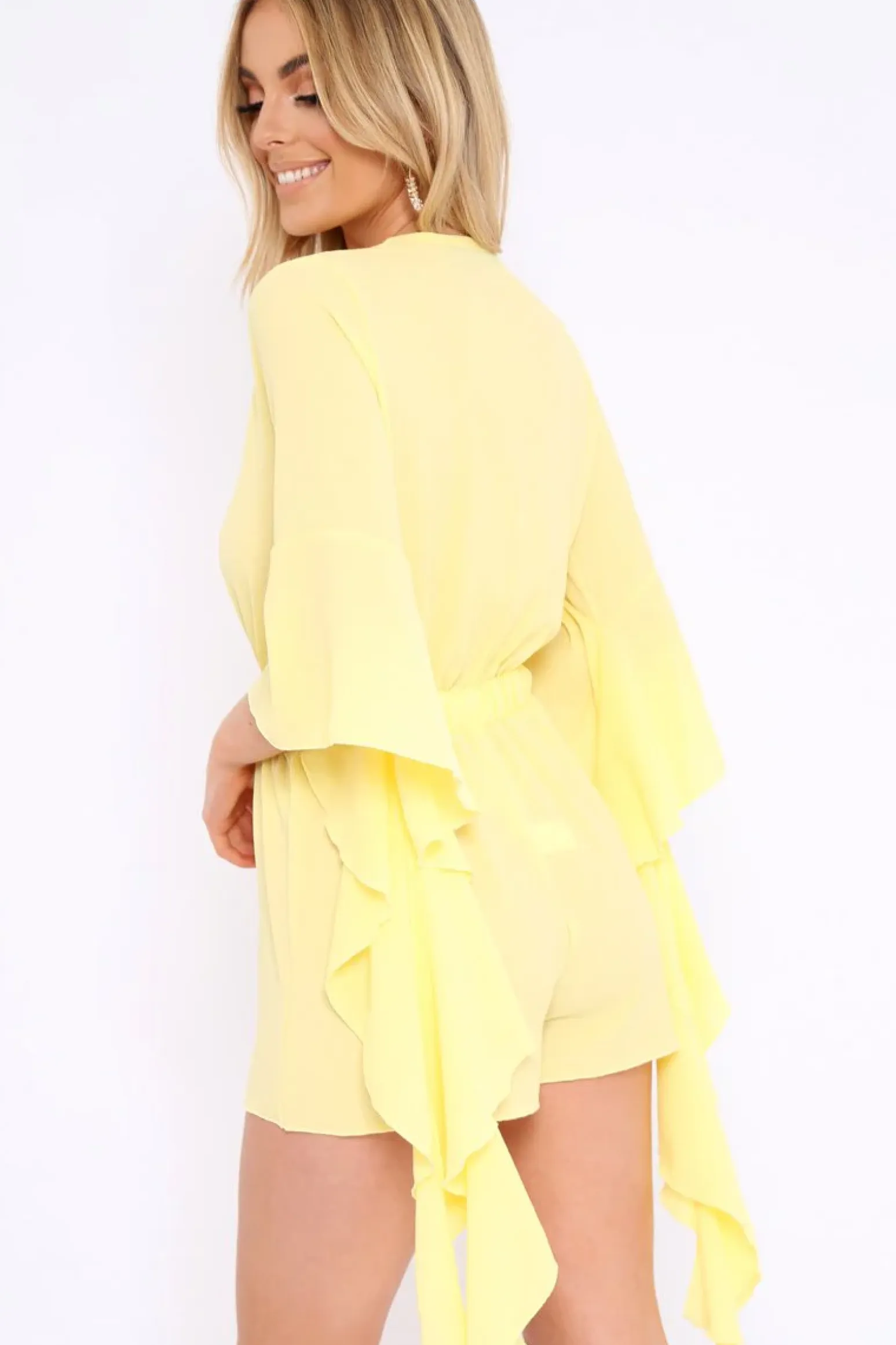Rebellious Fashion Yellow Wrap Front Flare Sleeve Playsuit - Emoni