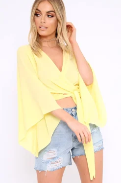 Rebellious Fashion Yellow Wrap Tie Crop Blouse - Kay
