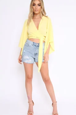 Rebellious Fashion Yellow Wrap Tie Crop Blouse - Kay