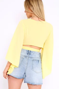Rebellious Fashion Yellow Wrap Tie Crop Blouse - Kay