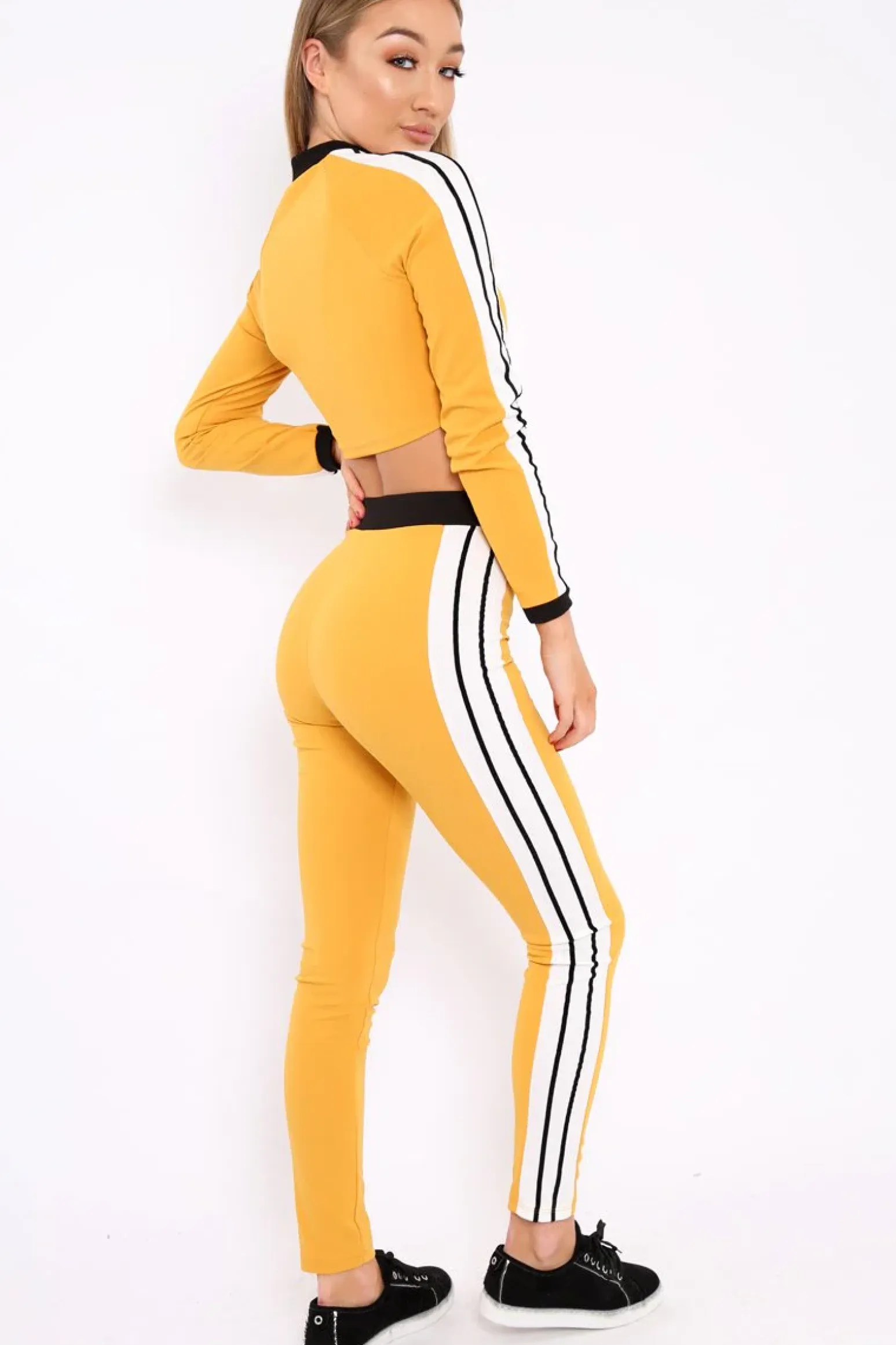 Rebellious Fashion Yellow Zip Front Tracksuit with White Side Stripes - Kitty