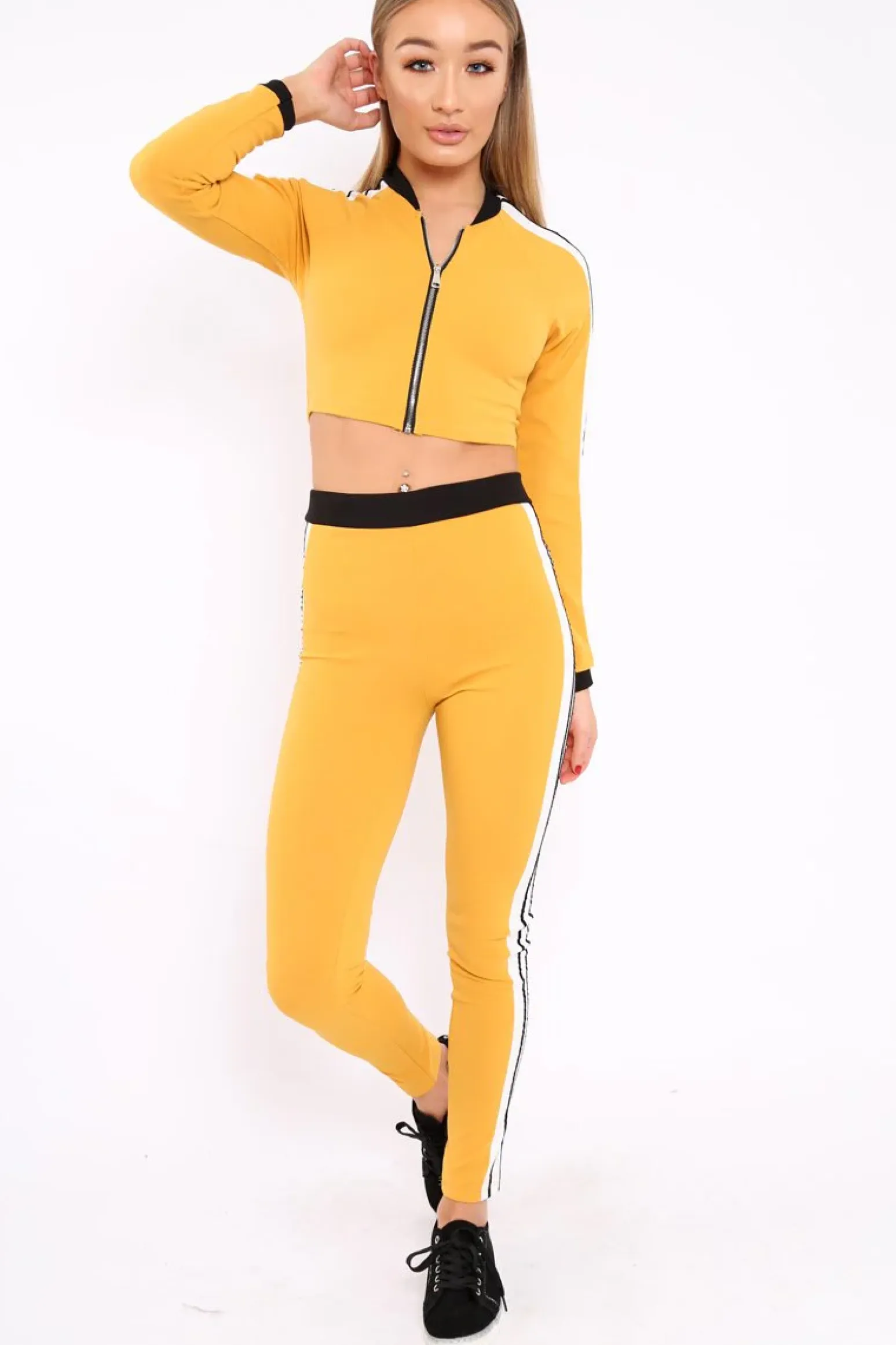 Rebellious Fashion Yellow Zip Front Tracksuit with White Side Stripes - Kitty