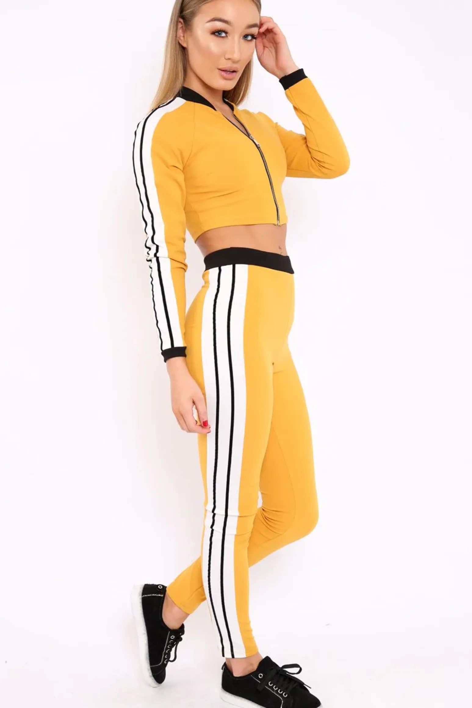 Rebellious Fashion Yellow Zip Front Tracksuit with White Side Stripes - Kitty