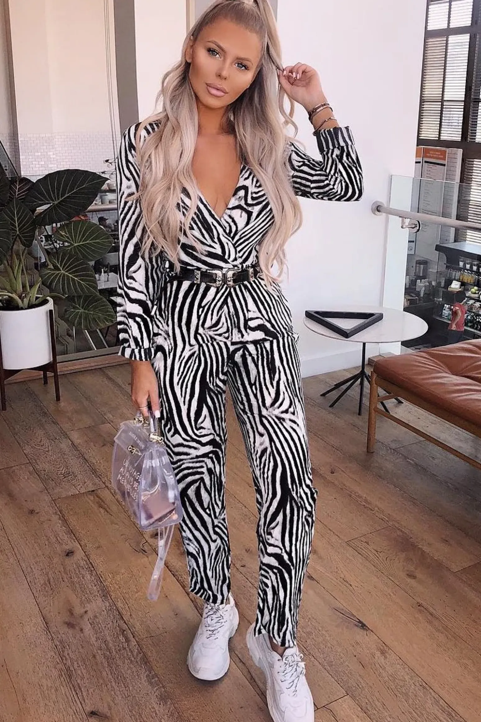 Rebellious Fashion Zebra Plunge Tie Waist Jumpsuit - Ellajane