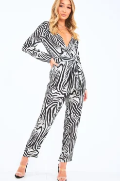 Rebellious Fashion Zebra Plunge Tie Waist Jumpsuit - Ellajane