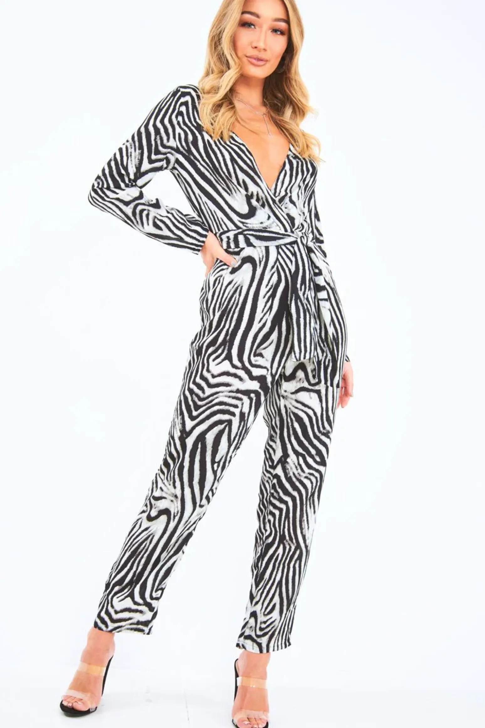 Rebellious Fashion Zebra Plunge Tie Waist Jumpsuit - Ellajane