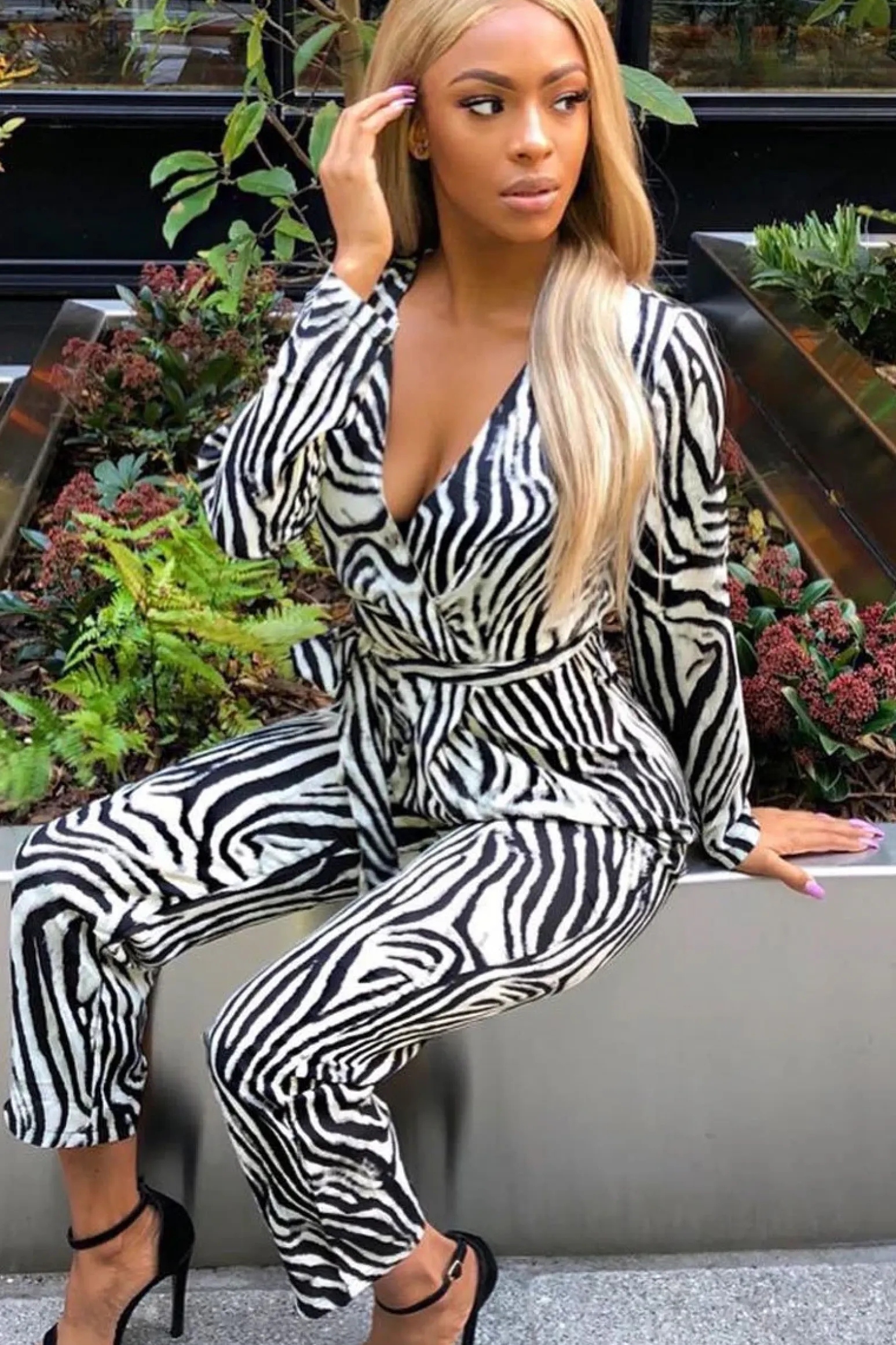 Rebellious Fashion Zebra Plunge Tie Waist Jumpsuit - Ellajane