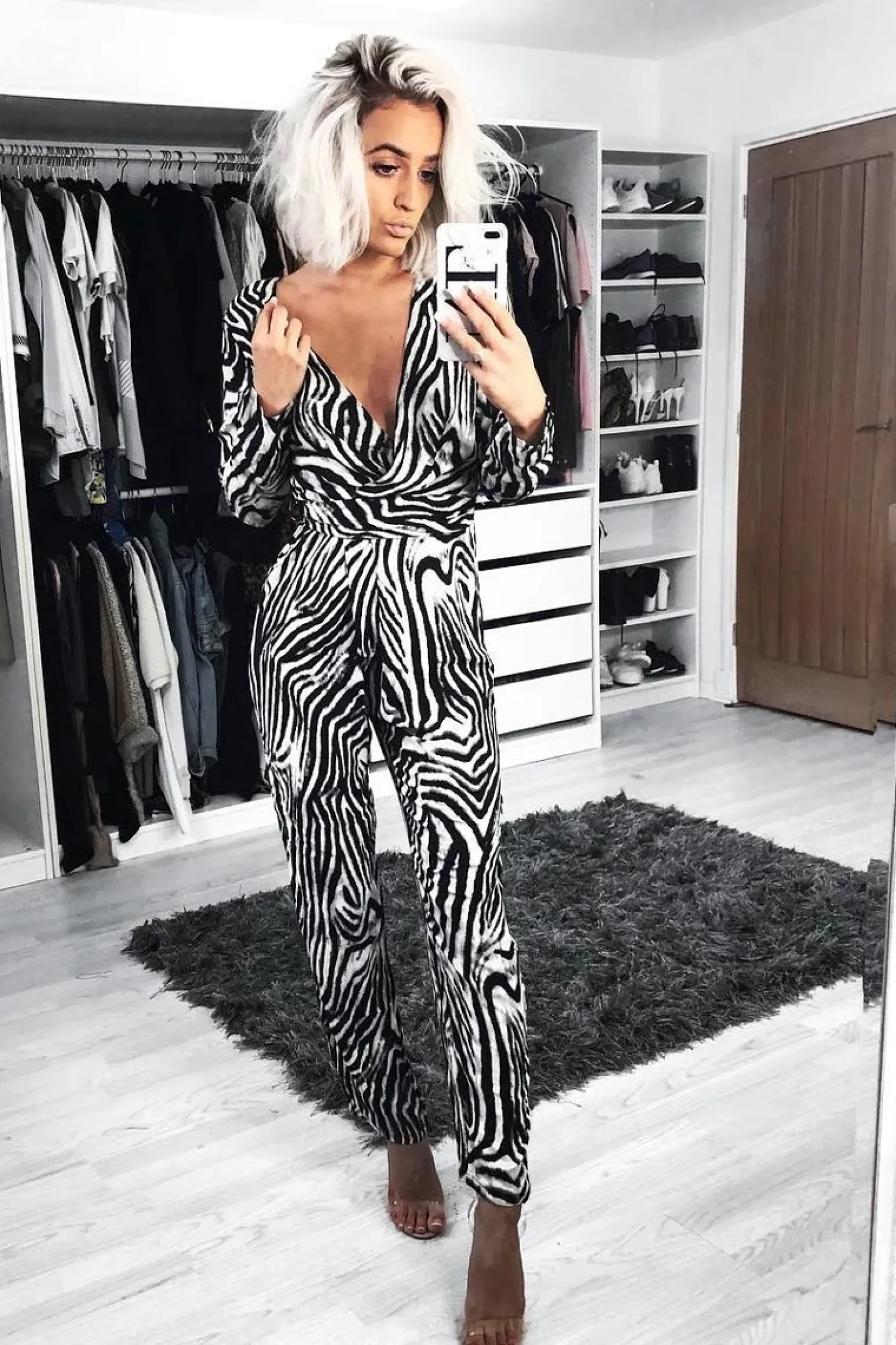 Rebellious Fashion Zebra Plunge Tie Waist Jumpsuit - Ellajane