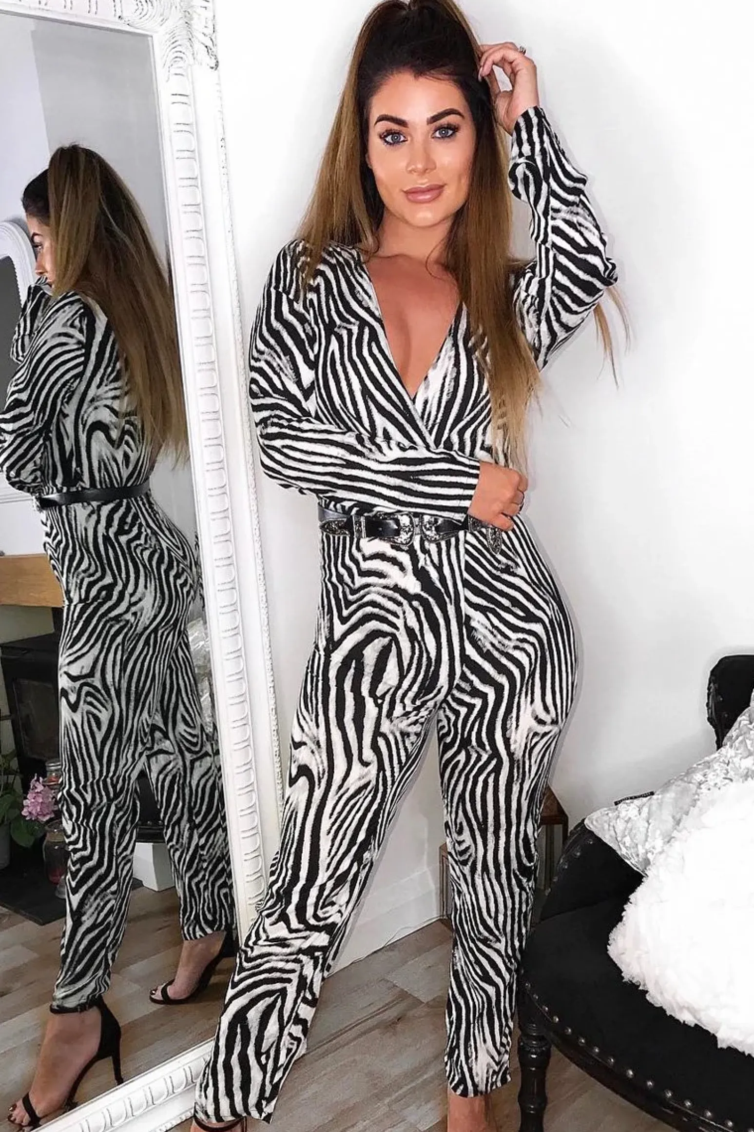 Rebellious Fashion Zebra Plunge Tie Waist Jumpsuit - Ellajane