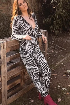 Rebellious Fashion Zebra Plunge Tie Waist Jumpsuit - Ellajane