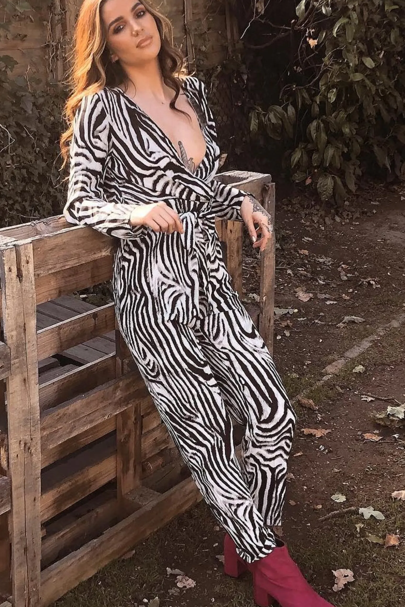 Rebellious Fashion Zebra Plunge Tie Waist Jumpsuit - Ellajane
