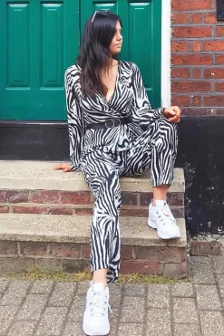 Rebellious Fashion Zebra Plunge Tie Waist Jumpsuit - Ellajane