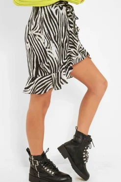 Rebellious Fashion Zebra Print Frill Tie Front Mini Skirt - Daizee