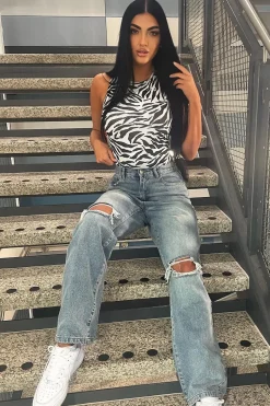 Rebellious Fashion Zebra Print Rib Bodysuit - June