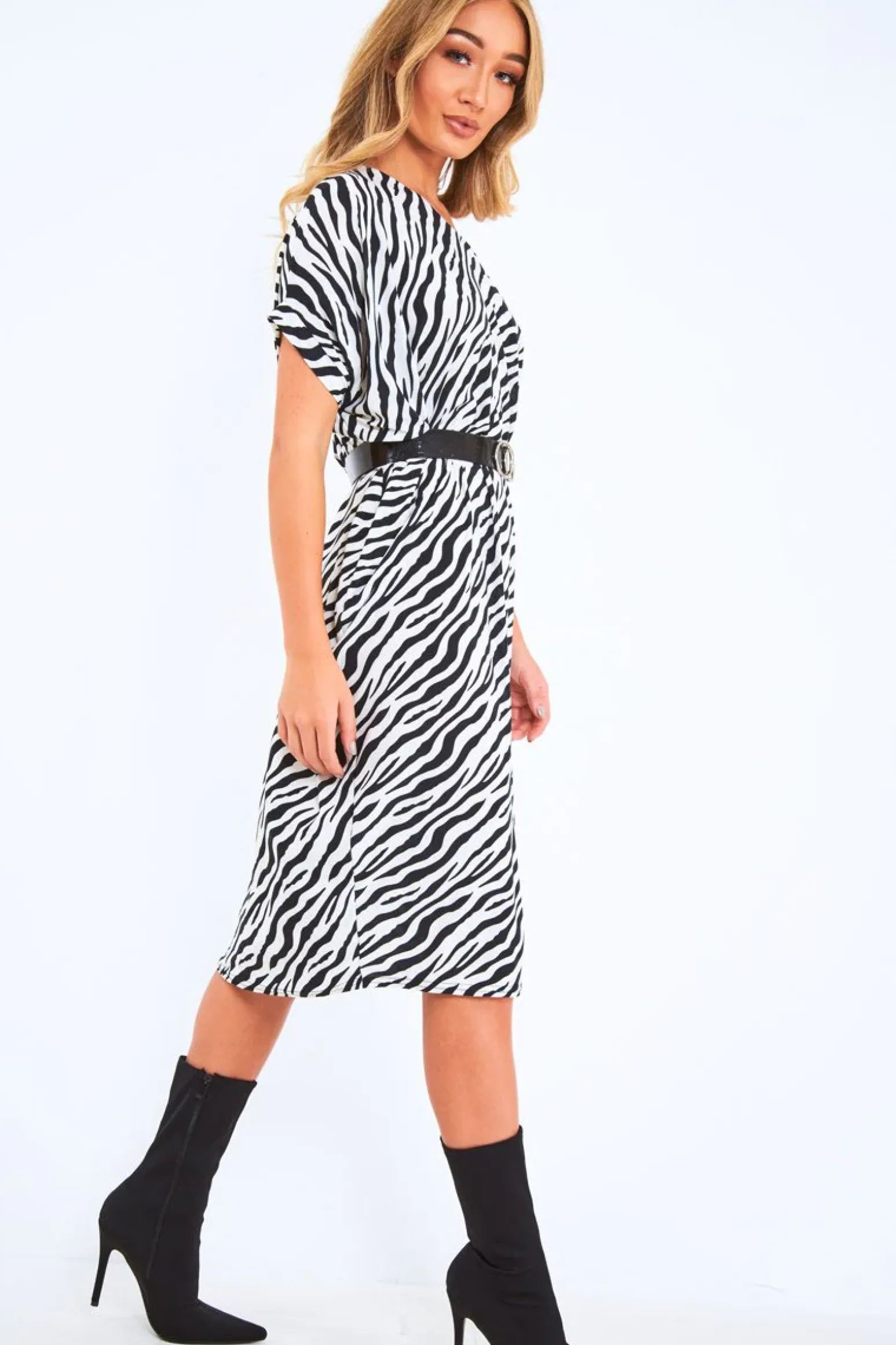 Rebellious Fashion Zebra Slinky Midi T-Shirt Dress - Cambriella
