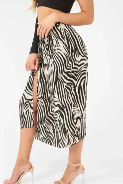 Rebellious Fashion Zebra Wrap Tie Side Satin Midi Skirt - Mailah